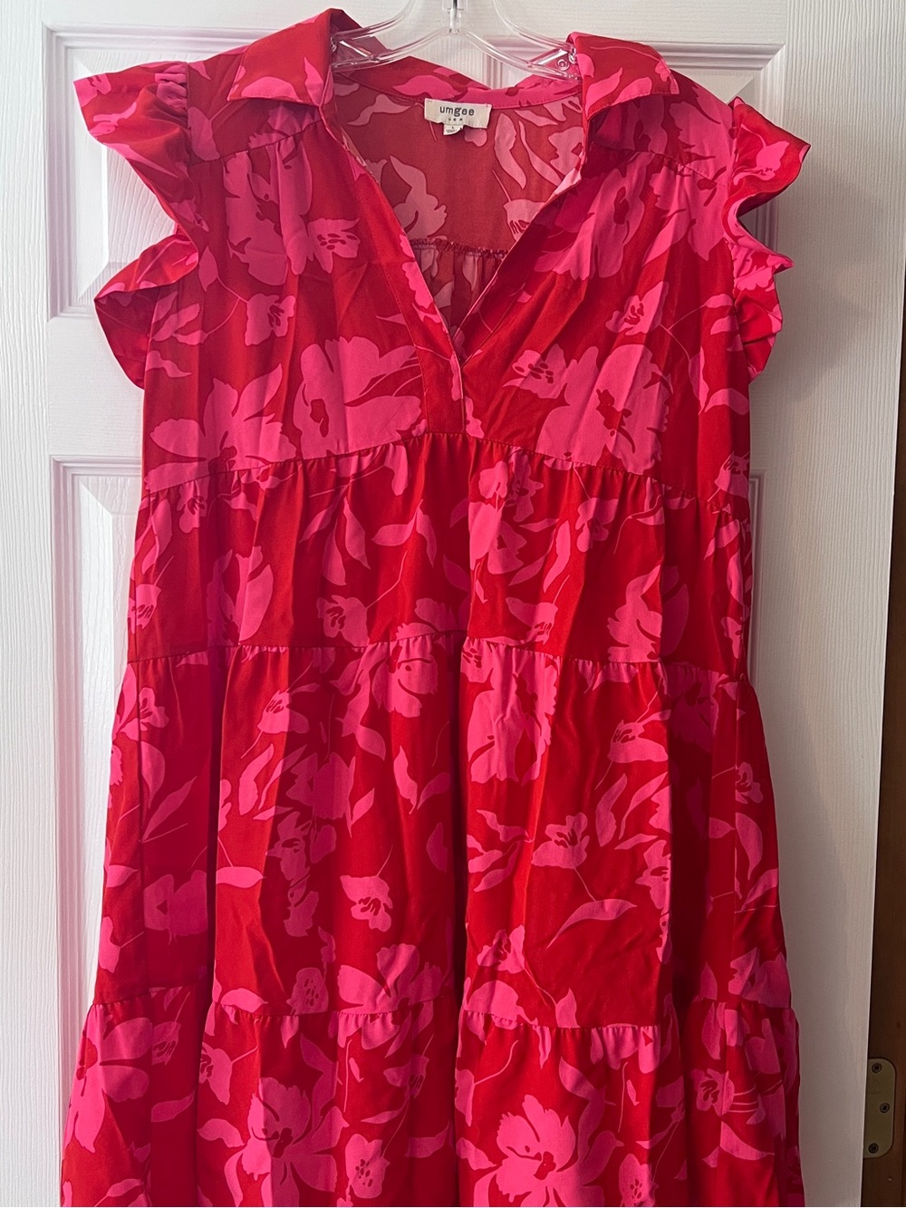 Umgee Red & Pink Floral Tiered V-Neck Ruffle Sleeve Tunic